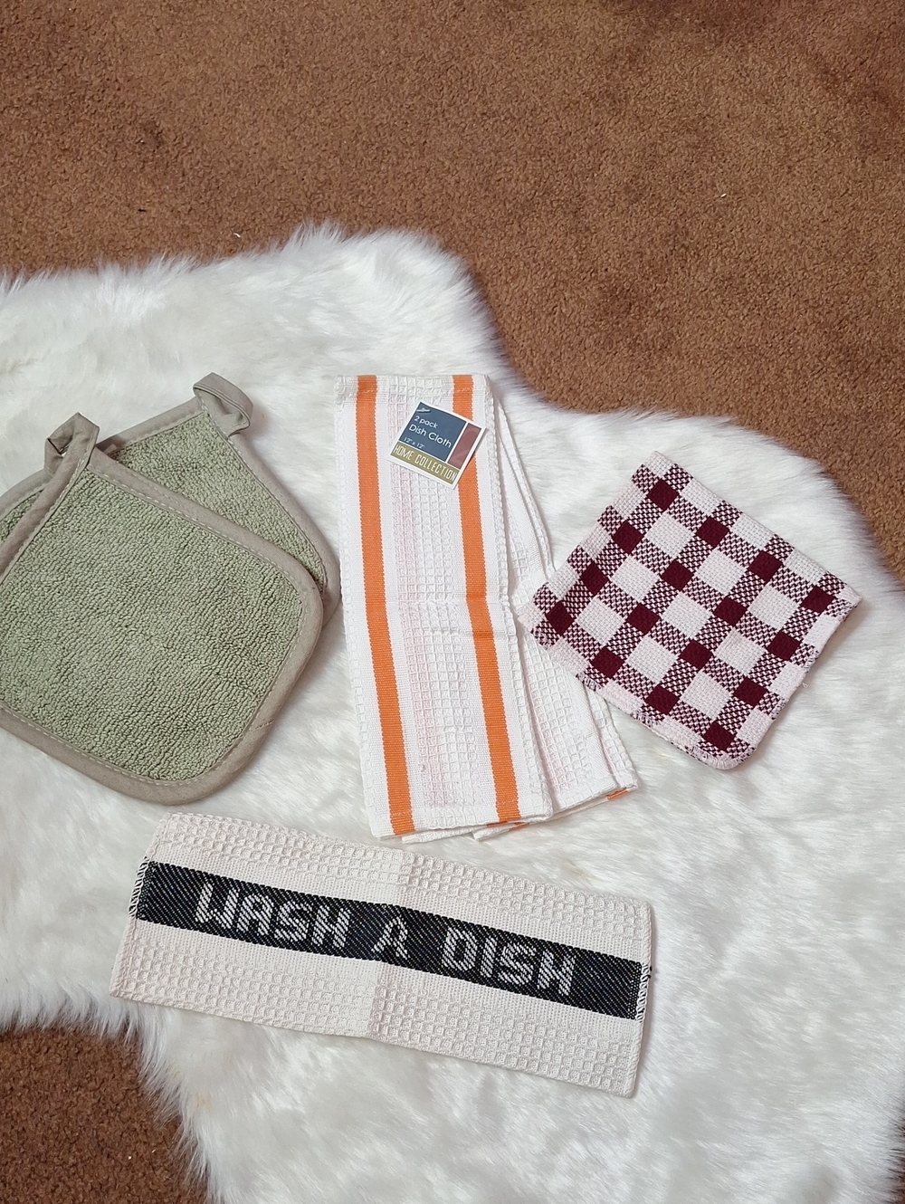 Assorted Kitchen Towels & Pot Holder Set - Green, Orange, Burgundy -